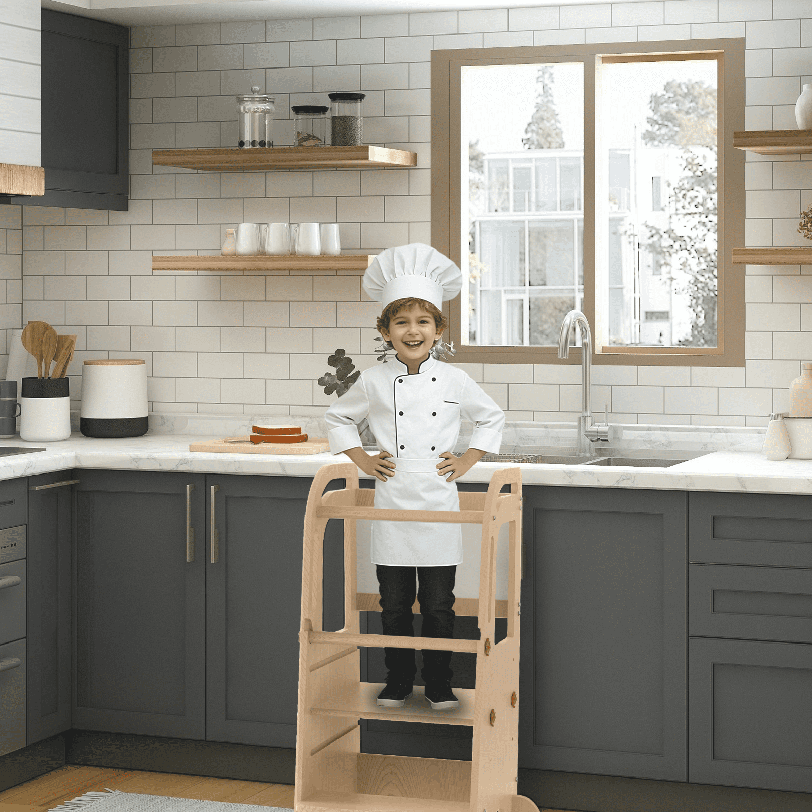 G TALECO GEAR Toddler Tower with Chalkboard, Toddler Kitchen Kids Step Stool Helper, Wooden Stool with Rounded Corner Protection Design, Nature