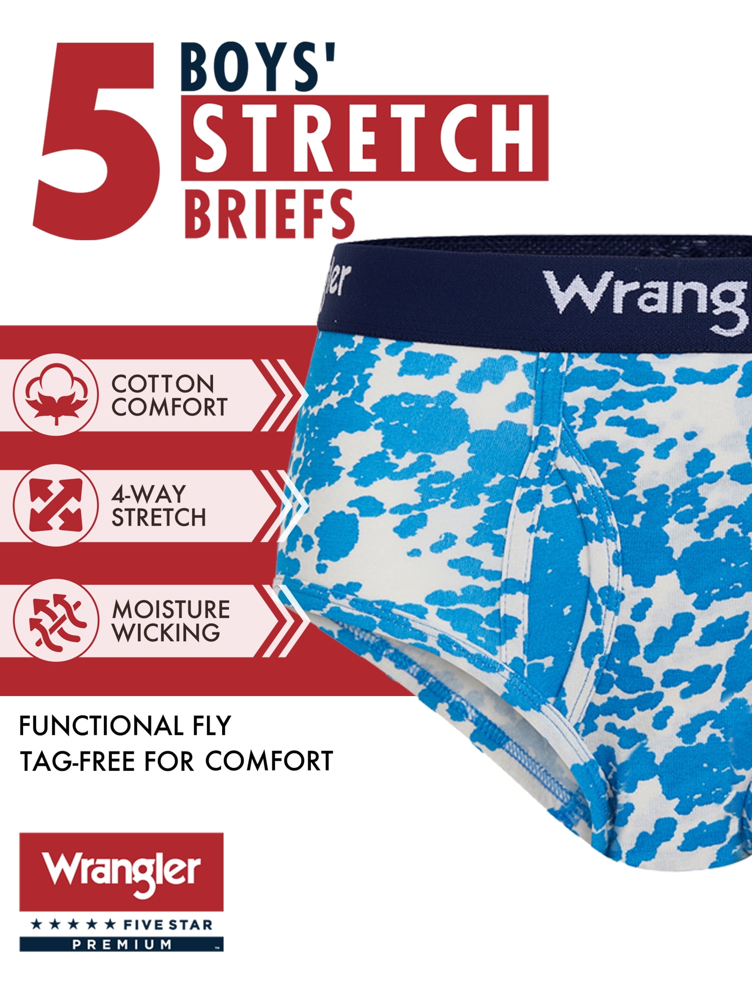 Wrangler Boys' Cotton Briefs, Soft Boys Underwear w/ 4-Way Stretch, XL, 5-Pack