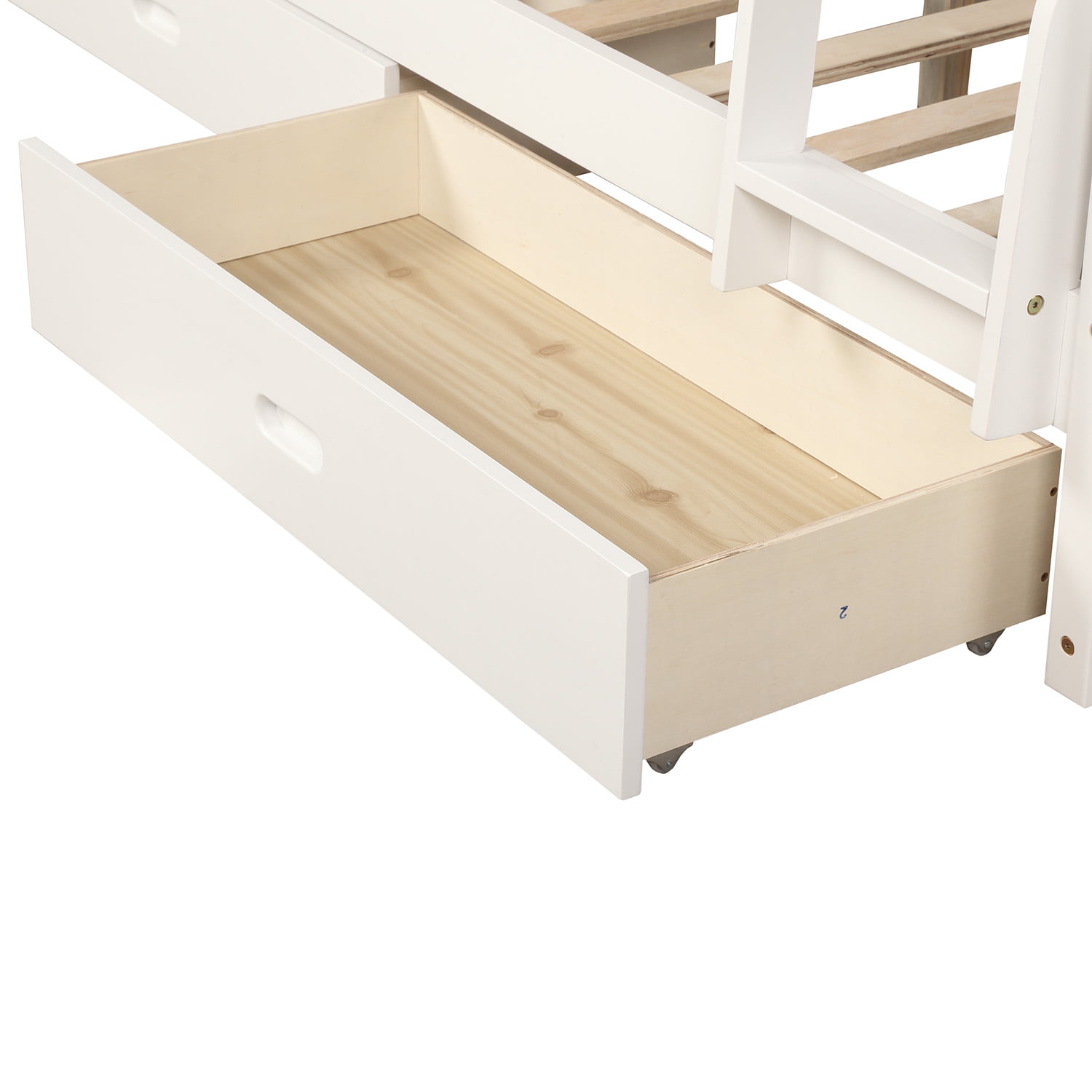 Kepooman Twin-Over-Full Wood Bunk Bed with 2 Storage Drawers & Ladder for Bedroom, 79.53"L x 58.27"W x 66.54"H, White Kepooman Twin-Over-Full Wood Bunk Bed with 2 Storage Drawers & Ladder for Bedroom, 79.53"L x 58.27"W x 66.54"H, White