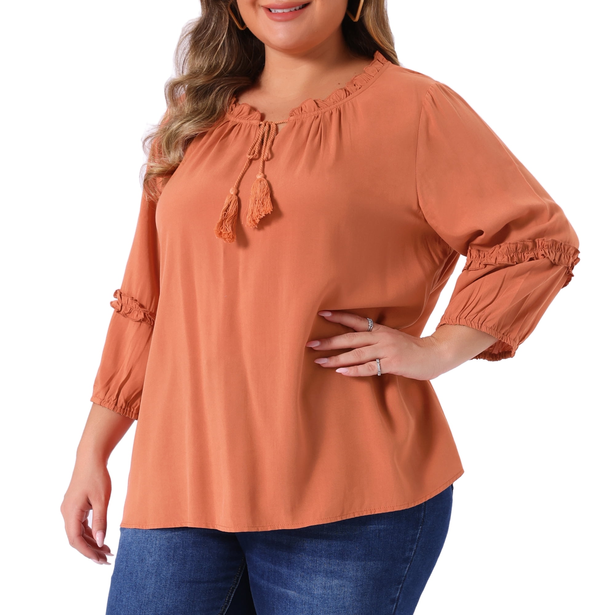DARING DIVA Women's Plus Tops Tie Neck Tassel Self Flutter 3/4 Sleeve Blouses 4X Orange