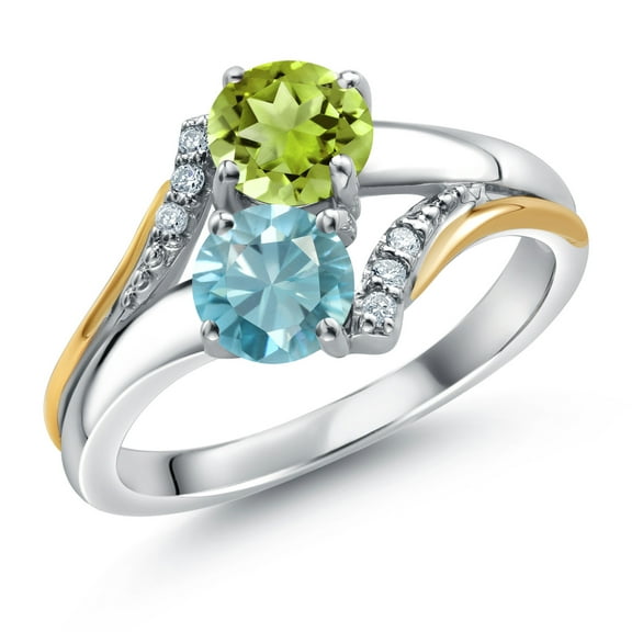 Gem Stone King 10K Yellow Gold and 925 Silver Blue Zircon and Green Peridot and White Lab Grown Diamond Accent Engagement Ring for Women (1.43 Cttw, Gemstone, Round 5MM, Size 8)