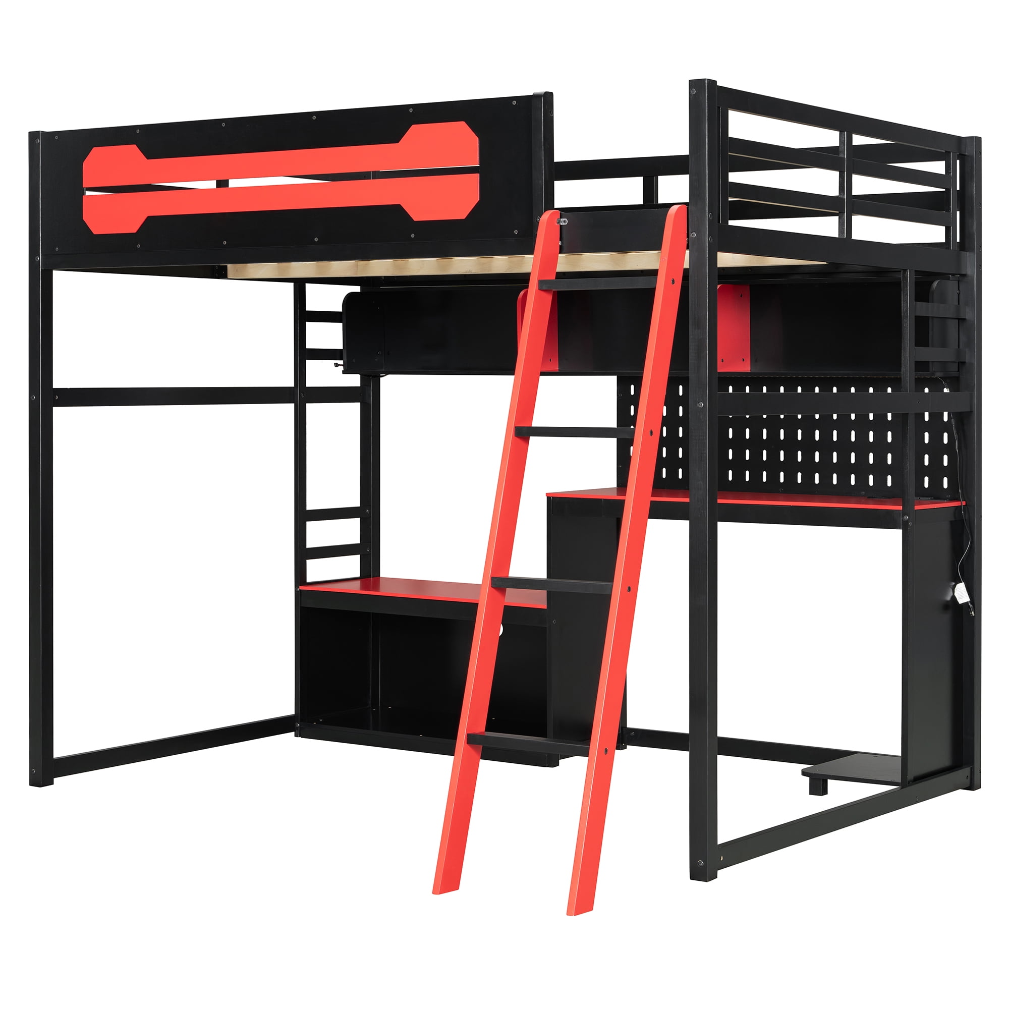 Mintazer Full Size Gaming Loft Bed with LED Lights, Charging Station, Desk, Pegboard and Storage Shelves for Boys Girls, Black & Red