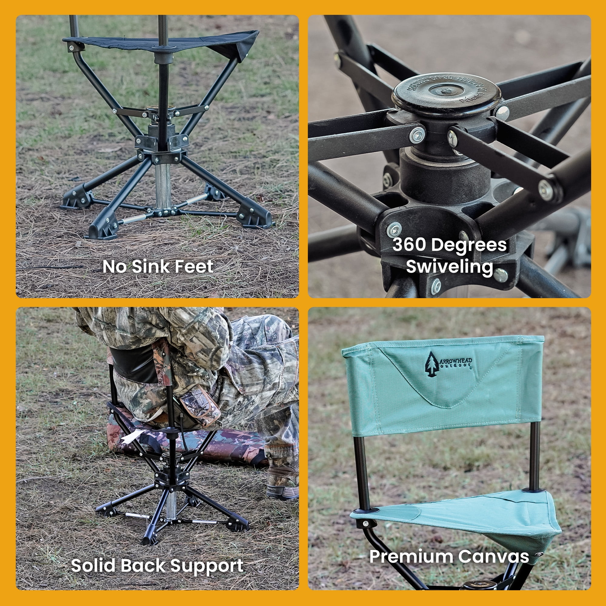 ARROWHEAD OUTDOOR KKS0314U  Degree Swivel Hunting Fishing Chair Stool Seat, No Sink Feet, 600D Canvas, Army Green