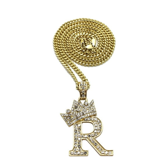 Stone Filled Initial Letter R Pendant 3mm 24" Cuban Chain Hip Hop Fashion Necklace