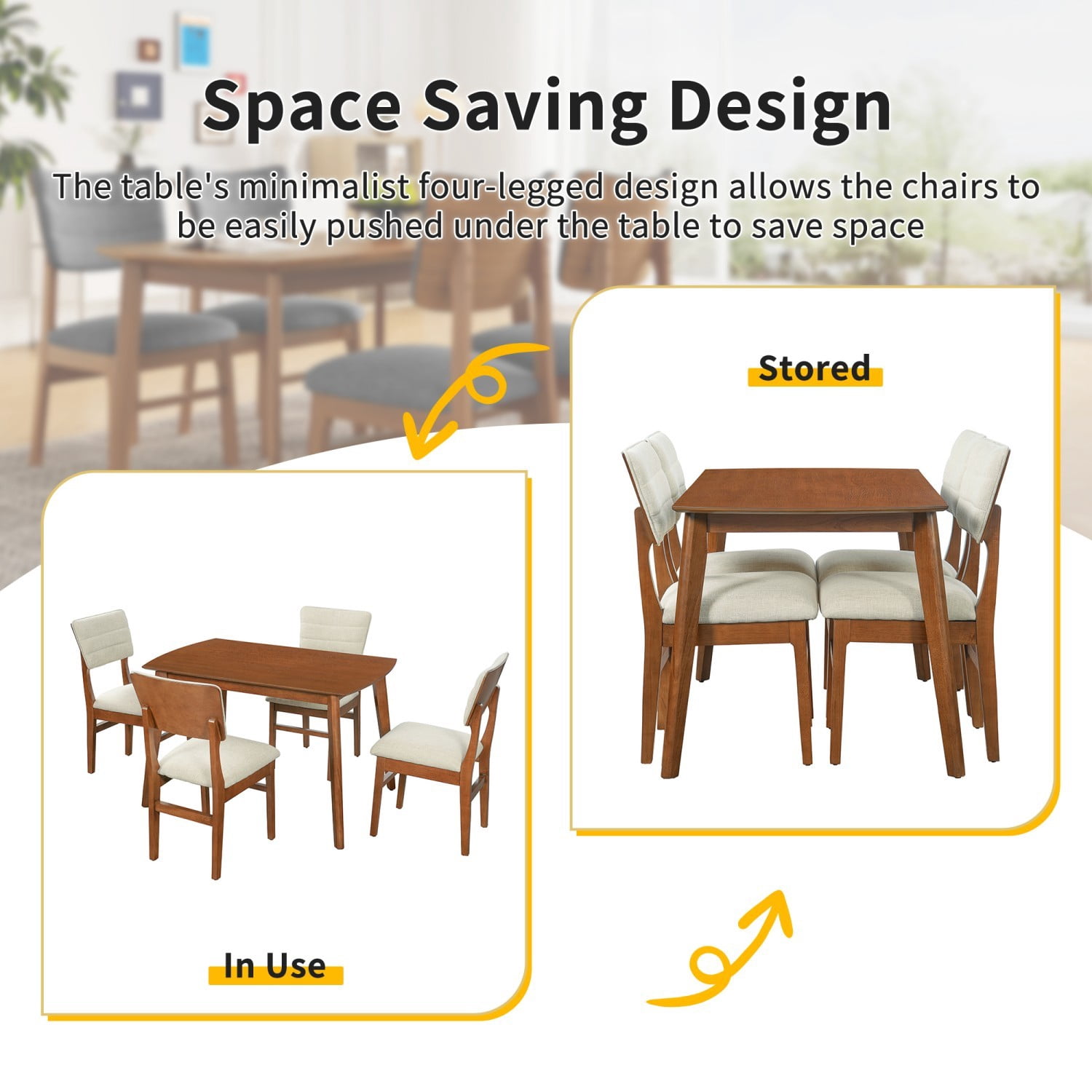 Upholstered Dining Chairs Set of 4, Mid Century Modern Kitchen & Dining Chairs with Ergonomic Back, Solid Rubberwood Frame, Fabric Side Chairs with Non-Slip Feet, Beige & Brown