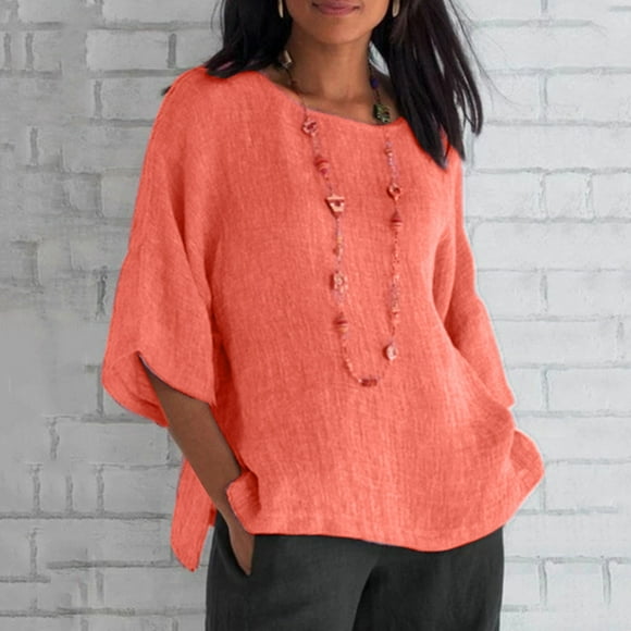 Summer Womens Cotton Linen Long/Short Sleeve Plus Size V Neck Button Solid Color Tops Casual Loose Tunic Blouse T Shirt