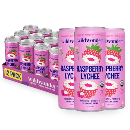 Wildwonder Raspberry Lychee, Prebiotic   Probiotic Sparkling Drink, 12oz Cans (12-Pack)