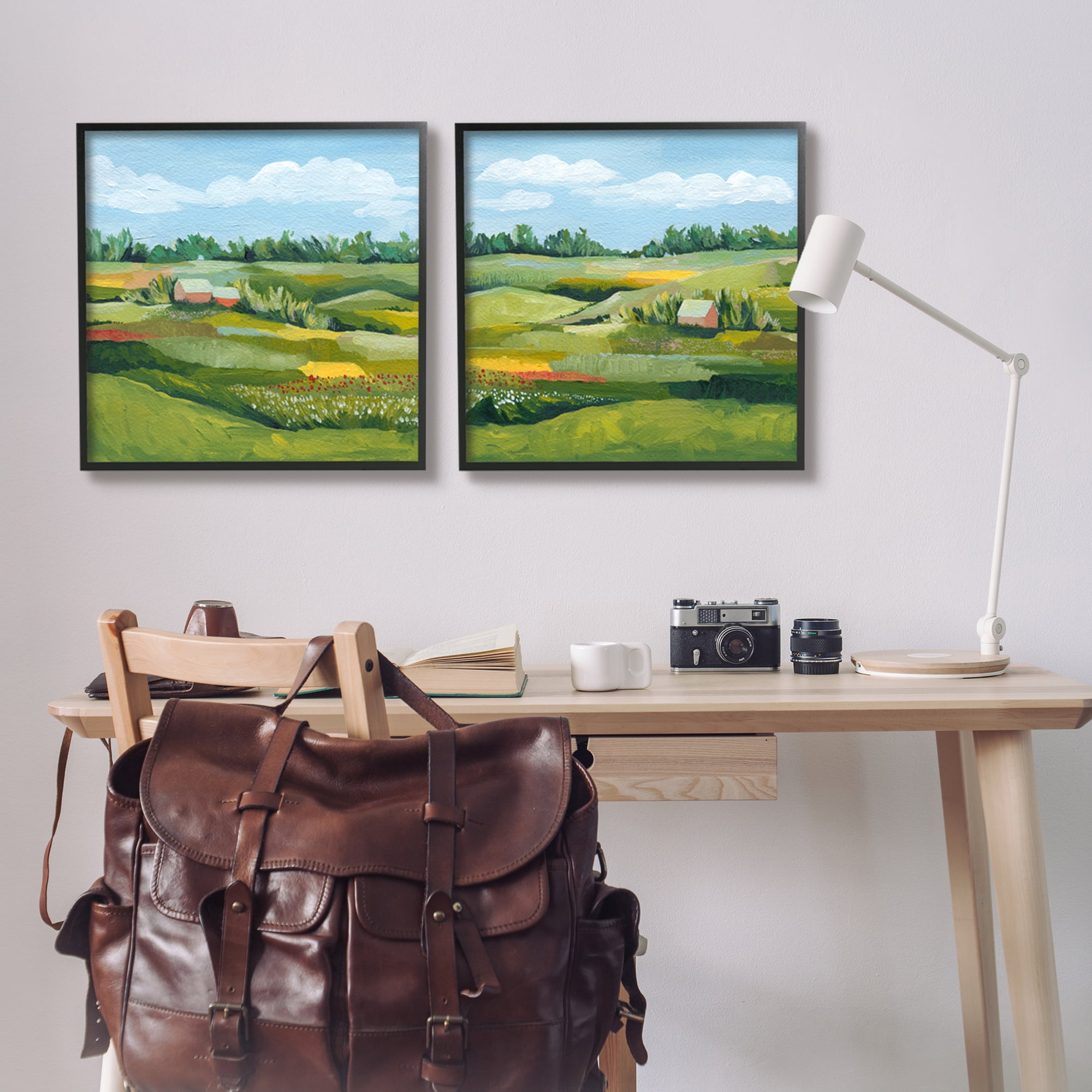 Stupell Rural Country Farm Pastures Landscape Painting Black Framed Art Print Wall Art, Set of 2