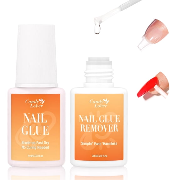Candy Lover Nail Glue and Glue Remover for Press on Nails, Air Dry Nail Glue and Acrylic Nail Glue Remover Set for Fake Nail Tips, 0.23 fl oz Each