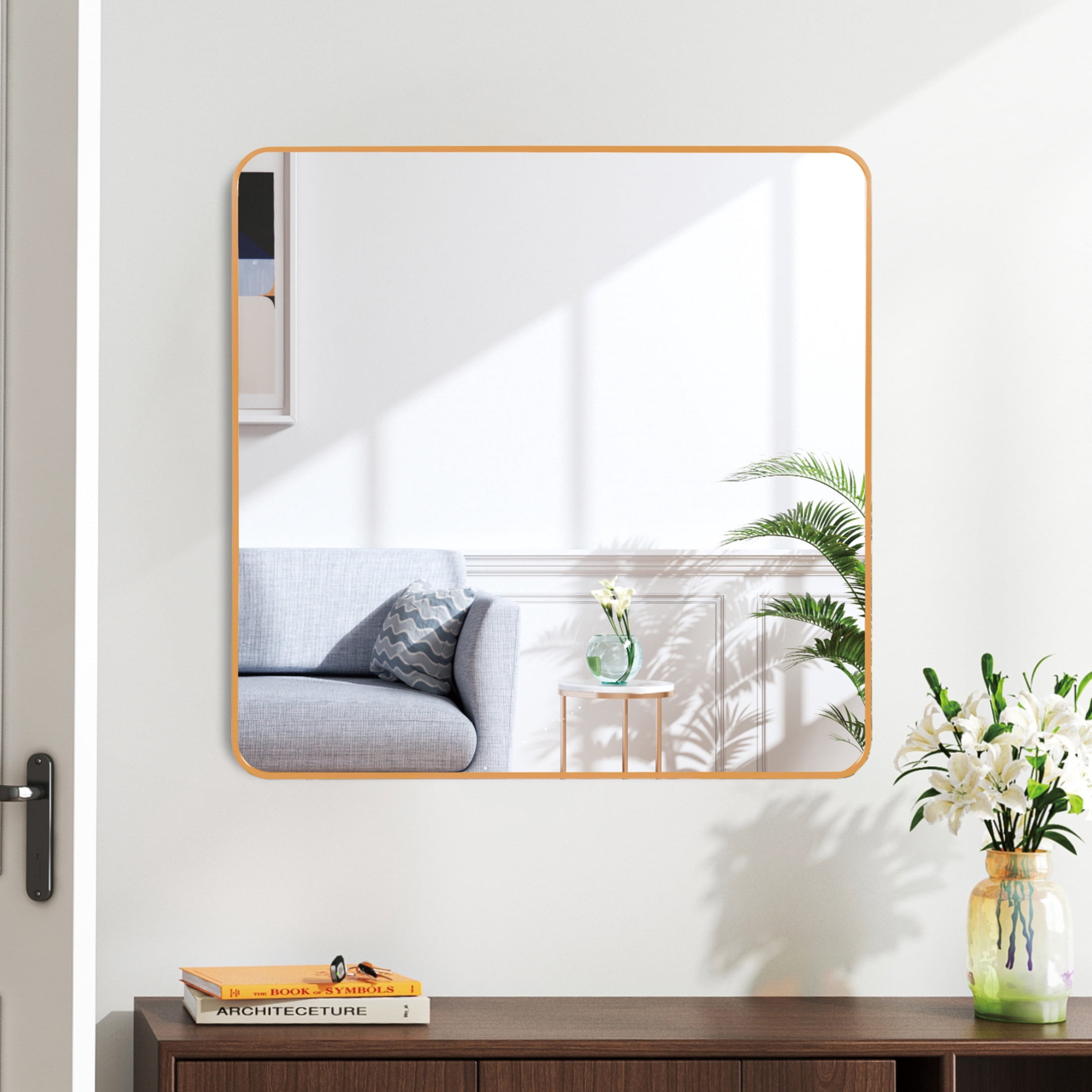Noble House 30"x30" Square Metal Wall Mirror, Vanity Mirror for Bathroom, Bedroom & Living Room, Gold
