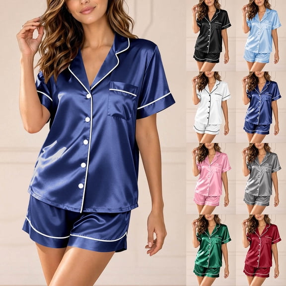 NominalSnug Satin Pajamas Sets for Women Button down Short Sleeves Tops and Elastic Waist Shorts Pjs Set Comfy Sleepwear