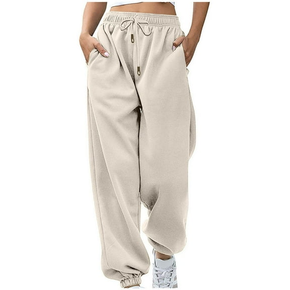 CLOISE Women Sweatpants Baggy Joggers Casual Petite High Waisted Elastic Bottom Pants Khaki Y2k Elastic Waist Drawstring Solid Sweatpants with Pockets Trendy Fall Long Pants XL