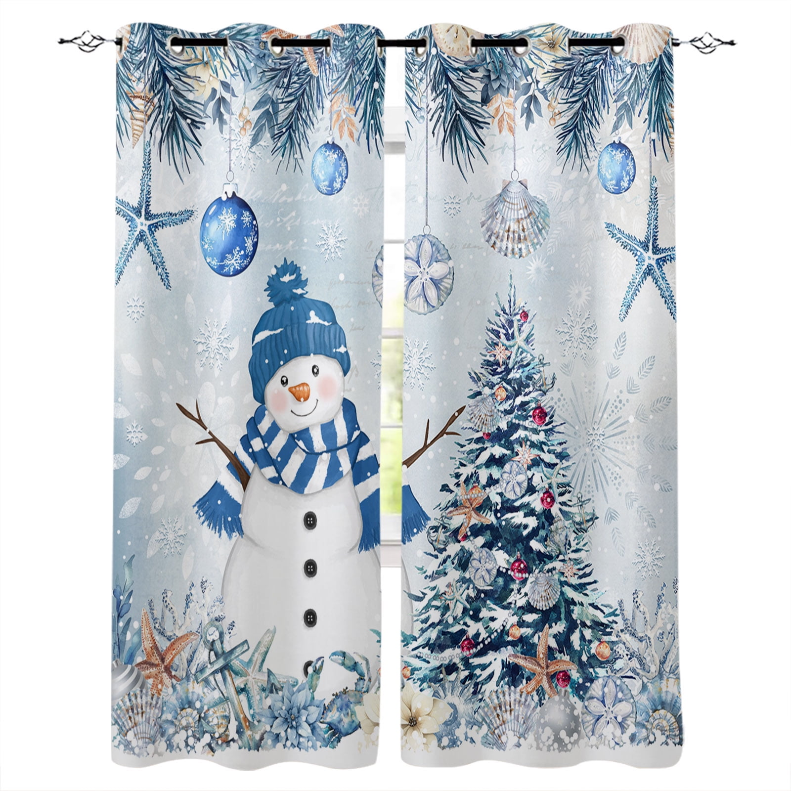 Blackout Curtains for Bedroom,Blue Coastal Christmas Thermal Insulated Black Out Curtains 39 Inches Long,Xmas Tree Nautical Starfish Grommet Living Room Darkening Curtain Drapes 27.5"x39" 2 Panels