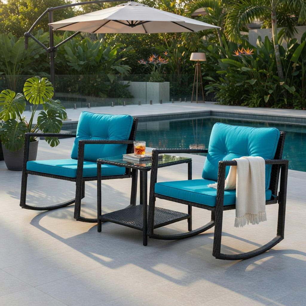 Hommoo 3-Piece Outdoor Wicker Rocking Bistro Set with Tempered Glass Coffee Table & Storage Shelf, Turquoise