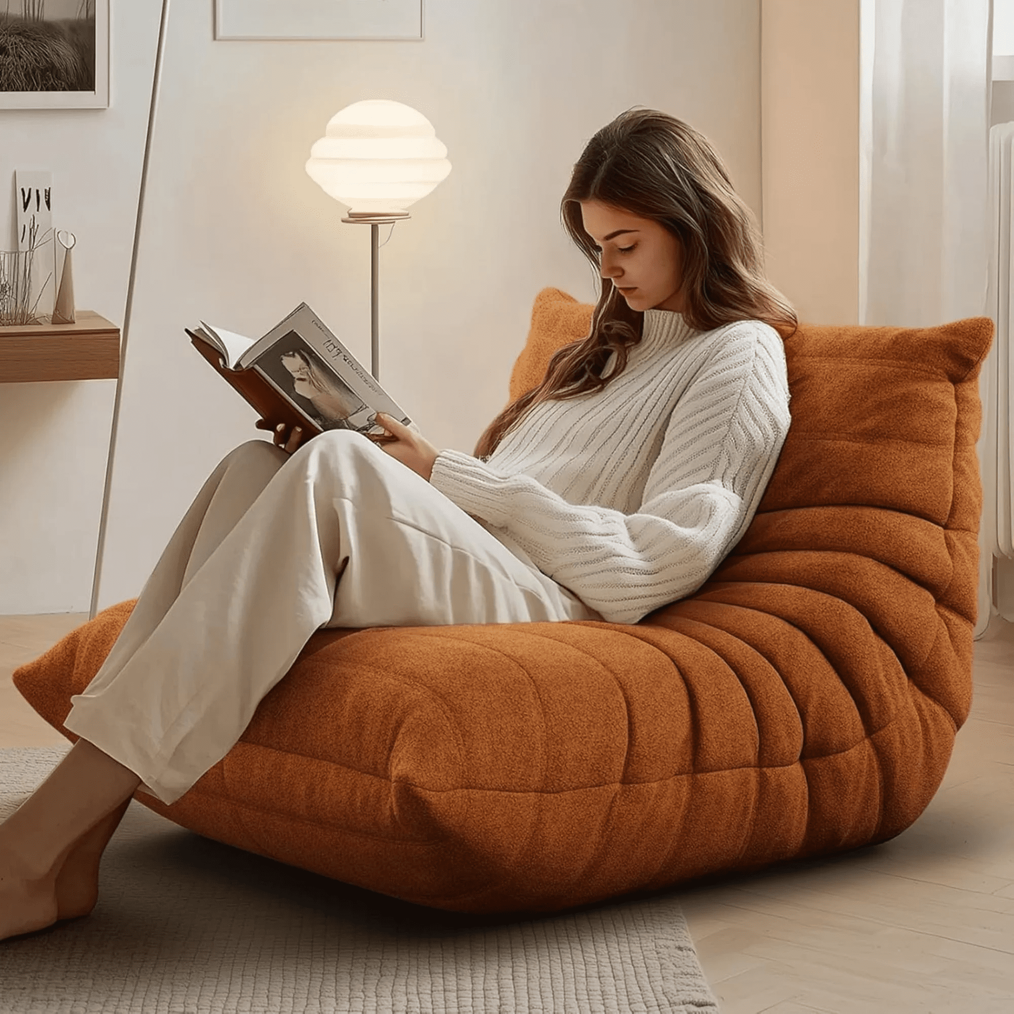 Raffle Pinker Bean Bag Chair for Adults, Comfy Fireside Chair Bean Bag Sofa with Memory Foam, Large Lazy Sofa for Living Room Bedroom Office, Orange