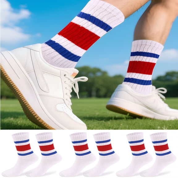 TELOLY 3 Pairs Retro Striped Crew Socks Tube Socks Soft Cozy Cotton Casual Socks Athletic Running Socks Sporty Calf Socks for Women Men