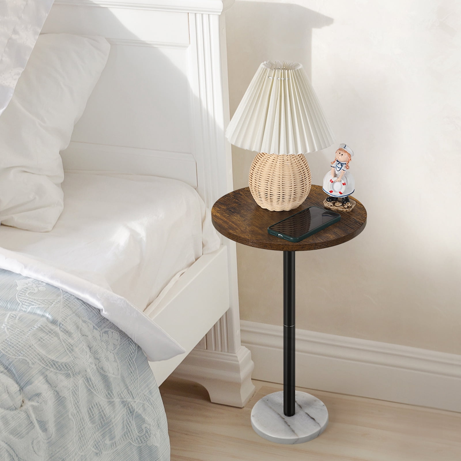 Round Bar Nightstand Coffee Table Office Bedroom Two Piece Set Brown Marble Base