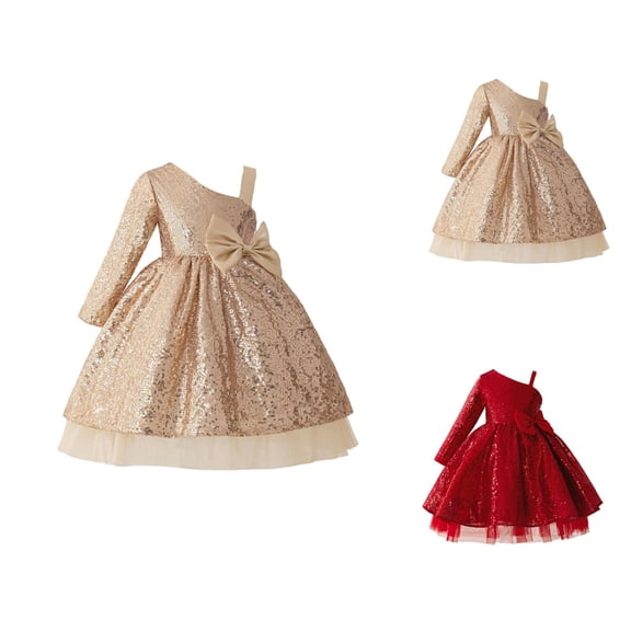 Girls Sequin Off Shoulder Party Dress Gown, Long Sleeve Tutu Formal Evening Gown for Birthday Celebration, Flower Girl Dress for Christmas New Year