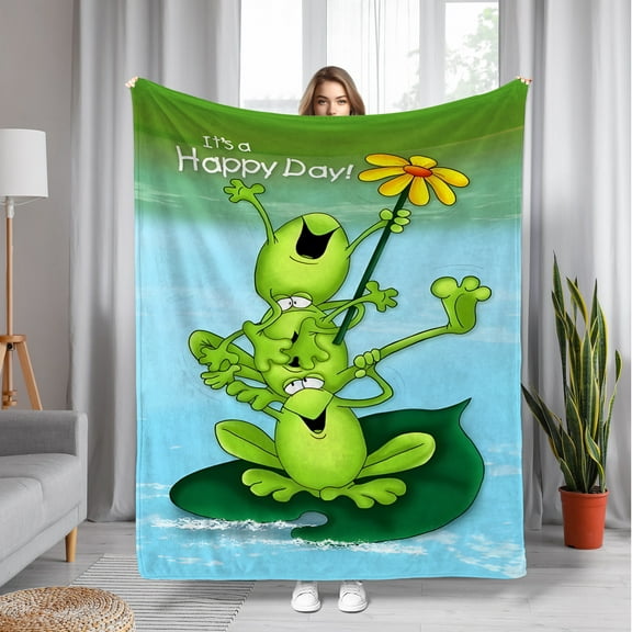 Cheerful Frogs 'It's a Happy Day!' Flannel Blanket - Vibrant Digital Print, Soft Polyester, All-Season Comfort, Luxurious Texture, Ideal for Christmas & Halloween Gifts, Cozy Home Decor