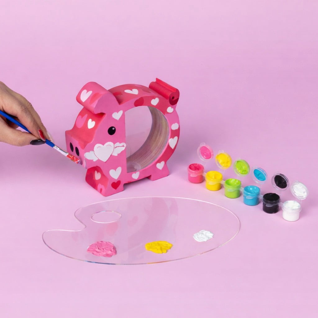 Tulip Paintable Wood Piggy Bank Paint Set, Craft Kit, 4 Piggy Banks, 4 Paint Brushes, 24 Paints