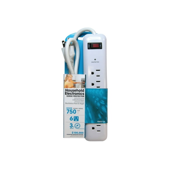 Prime PB802124 6 Outlet 750 Joule Surge Protector, 3-foot cord, White