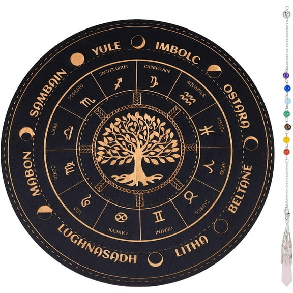 7.9" Wheel of The Year Wiccan Calendar Wood Engraved Board with Tree of Life Runes Zodiac Crystal Grid