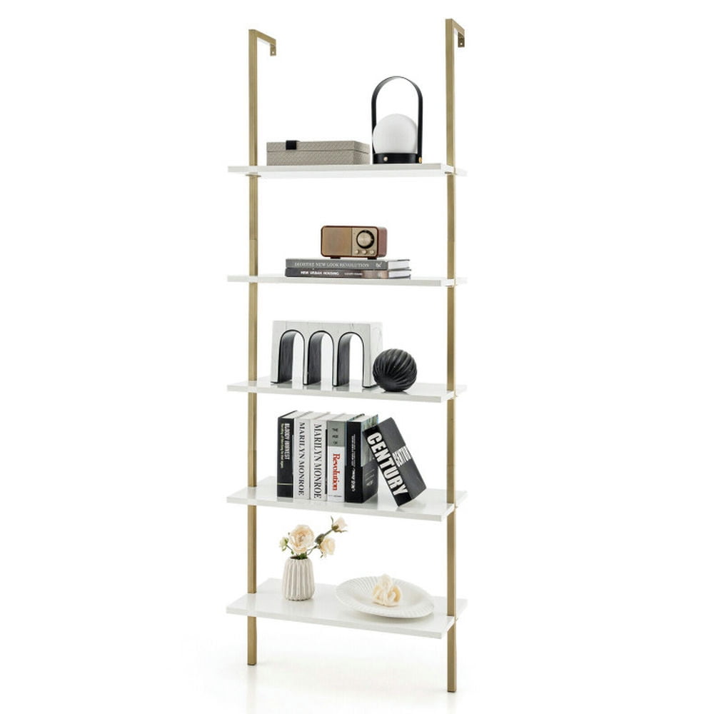 Demi Bonn 5 Tier Ladder Shelf Wall-Mounted Bookshelf, Bookcase with Steel Frame, White