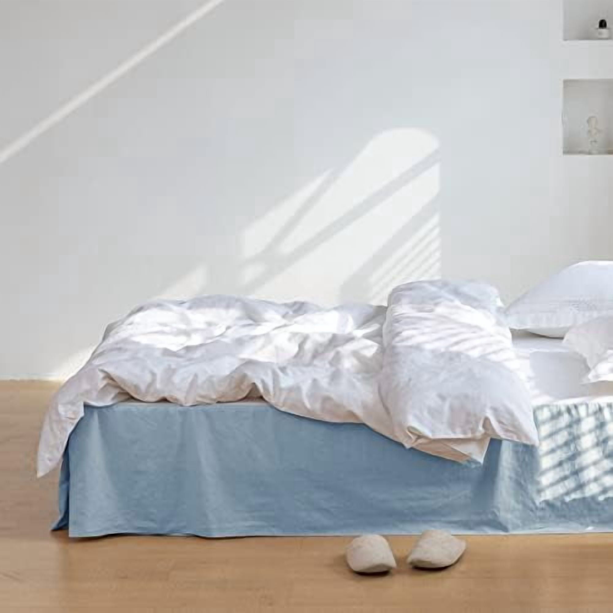 French Linen Bed Skirt with Pleated Corner 14-Inch Tailored Drop Natural Flax Cotton Blend Basic Dust Ruffle Soft Cozy Farmhouse Bedding (14" King, Basic Dusty Blue)