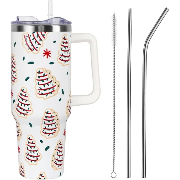 Christmas Cakes Tumbler with Handle and Straw Lid 40 oz,Cute Merry Xmas Tree Cake Gifts for Women Vacuum Insulated Leak Proof Tumbler,Winter Holiday Accessories Stainless Steel Coffee Cup Mug