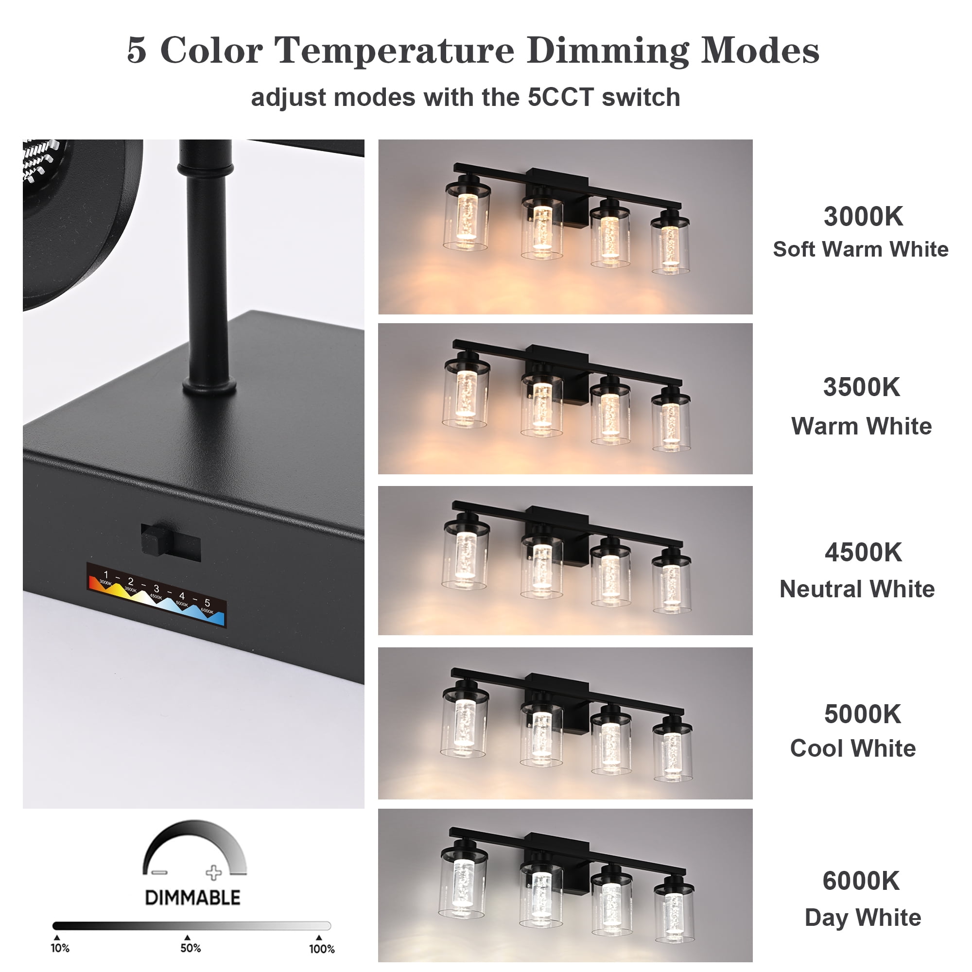 Melucee 5CCT Dimmable LED Black Vanity Lights 3-light, Modern Vanity Lighting Fixtures with Crystal Light Columns and Clear Glass for Bathroom Bedroom
