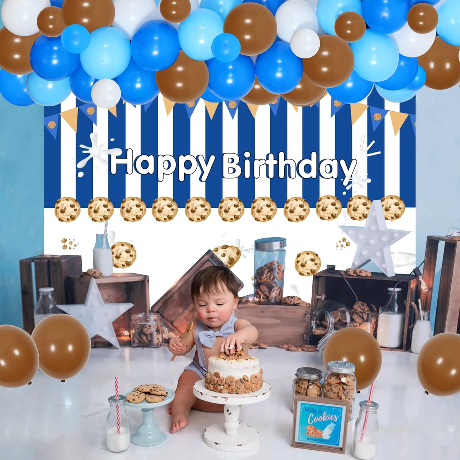 Milk and Cookies Birthday Party Decorations Blue Cookie Milk Balloon Garland Arch Kit with Backdrop for Boys Cookie Milk Party Supplies Baby Shower Decor
