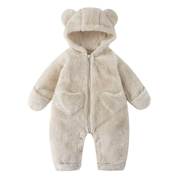 Otqutp Baby Fleece Jumpsuit Toddler Cute Bear Snowsuit New Born Fuzzy Furry Romper Fall Winter Warm Clothes Cozy Soft Outfit