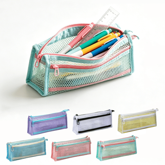 Lksixu Mesh Zipper Pencil Case, Double-layer Macaron-Colored Pencil Pouch, Lightweight Stationery Organizer, Portable Travel Makeup Bag, Multi-Purpose & Spacious Storage Bag for Office Supplies