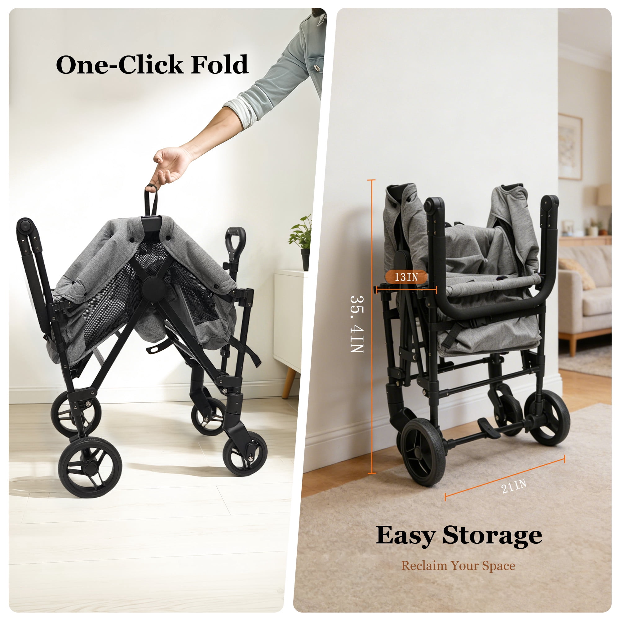TouHeart Wagon Stroller for kids, 2 Seater Folding Stroller Wagon with Canopy, 5-Point Harness, Gray