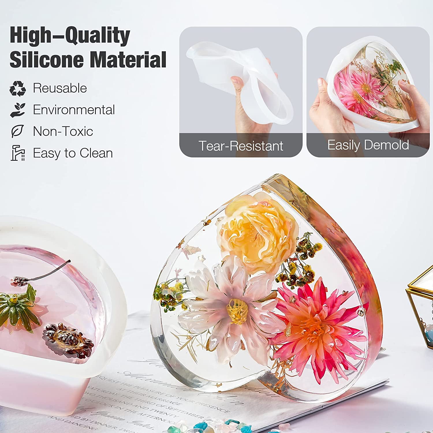 Wiher Resin Molds Silicone Kit, 8 in 1 Silicone Molds for Epoxy Resin, Large Resin Molds for Flowers Preservation, Including Hexagon, Heart, Sphere, Pyramid, Cube and Set Tools