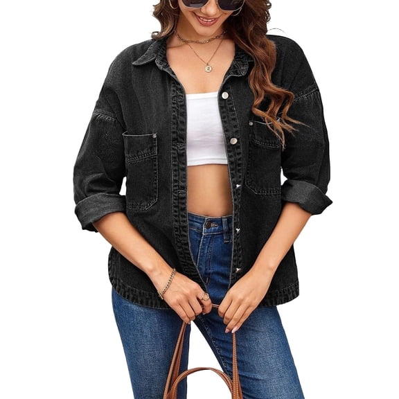 MaFYtyTPR Women's Denim Jackets Fashion Casual Long Sleeved Button Pocket TurndownCollar Coat with Pocket Slim Comfy Cardigan Jean A-Black L