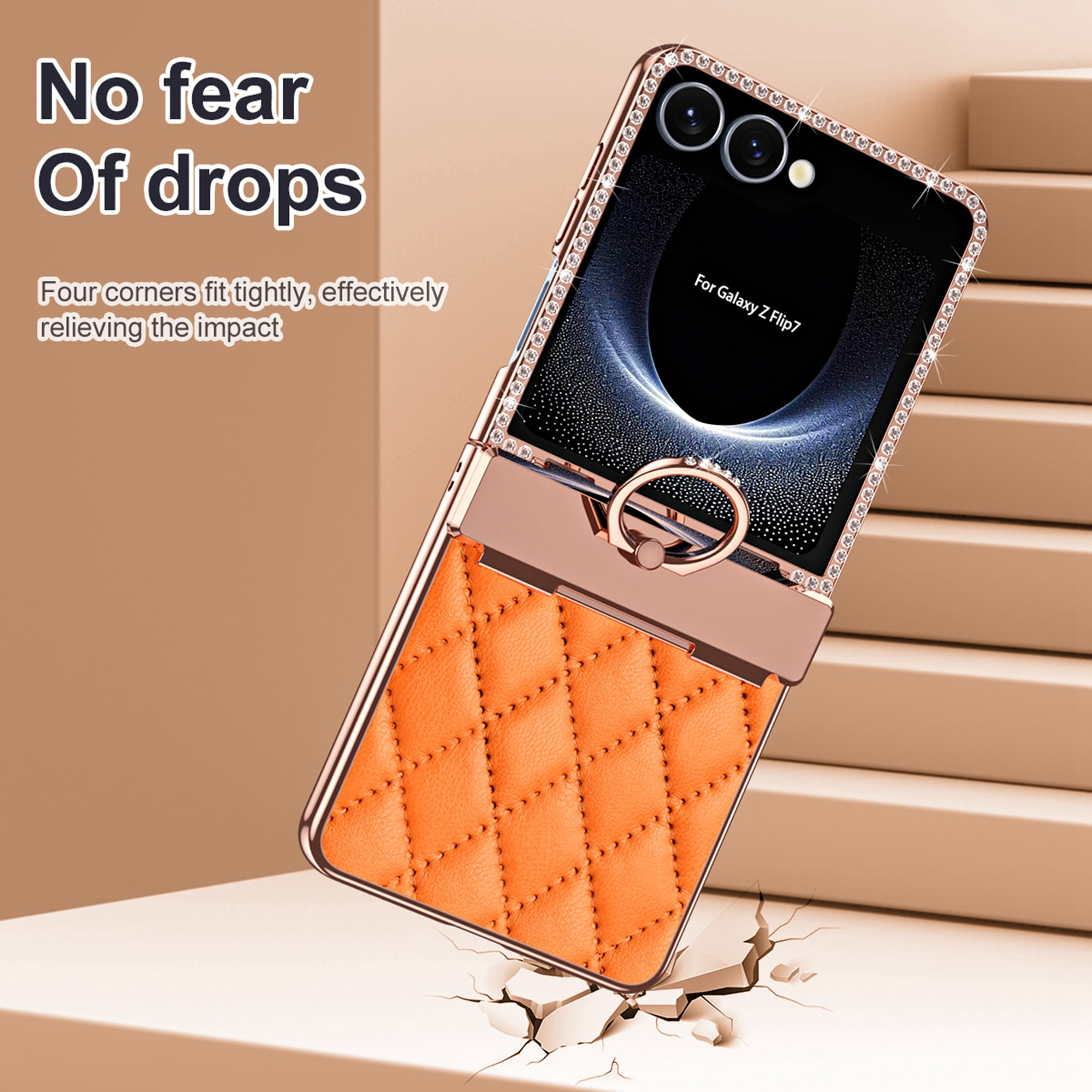 Dteck Diamond Case for Samsung Galaxy Z Flip 7 with Hinge Protection and Ring Holder, Luxury Sparkly Plating Shockproof Phone Cover with Screen Protector for Galaxy Z Flip 7,Orange