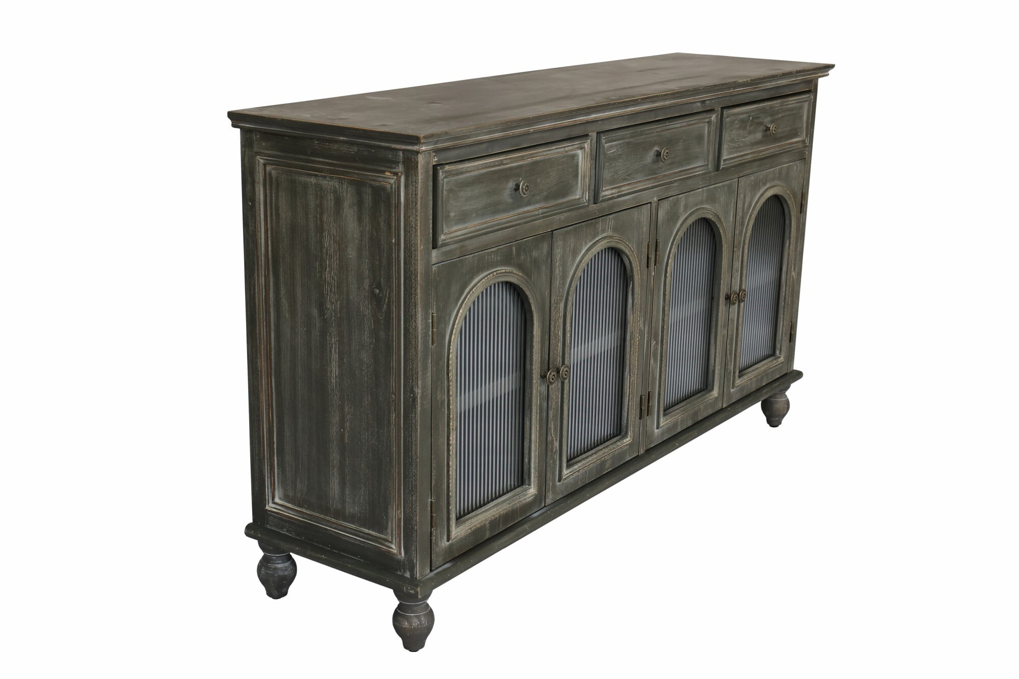 AENKYO 59" Farmhouse Sideboard Buffet, Distressed Wood Credenza with 3 Drawers & 4 Fluted Glass Doors, Gray