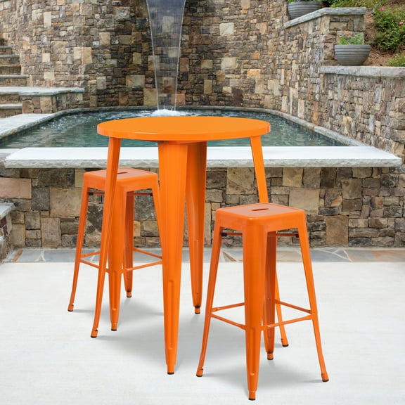 Emma   Oliver Commercial 30" Round Orange Metal Bar Table Set-2 Square Seat Backless Stools