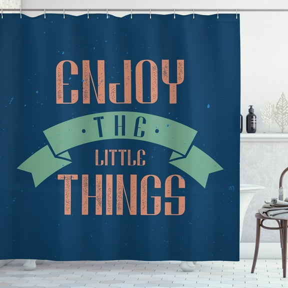 Enjoy the Little Things Shower Curtain, Grungy Inspirational Slogan with Worn Out Letters, Fabric Bathroom Set with Hooks, 69W X 75L Inches Long, Salmon Pale Green Night Blue, by Ambesonne