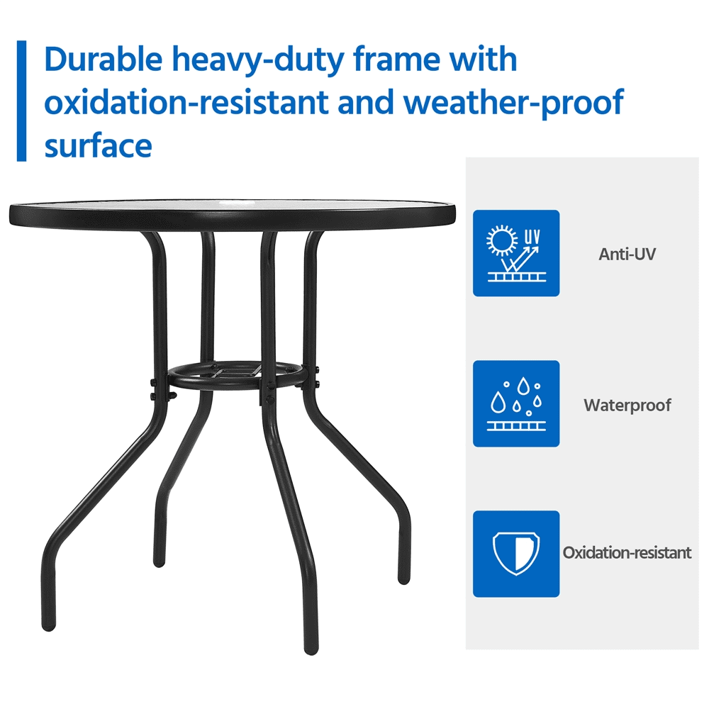 Alden Design 31.5" Round Patio Bistro Coffee Table with Tempered Glass Top for Balcony Garden, Black