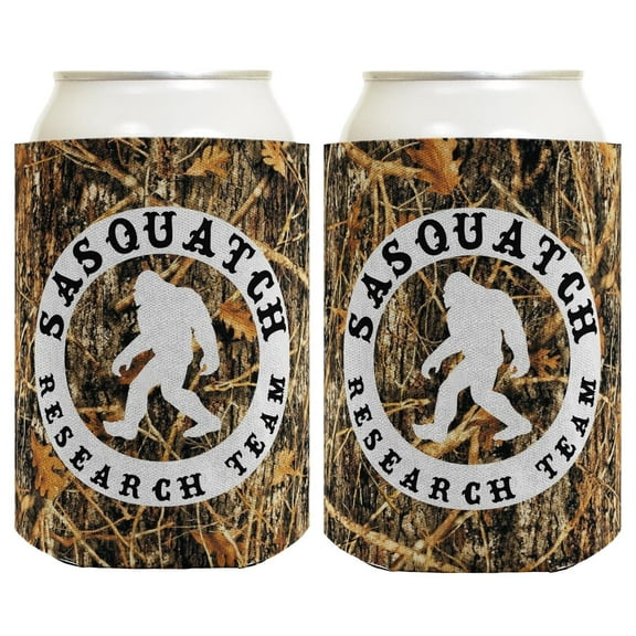 Funny Can Cooler Sasquatch Research Team 2 Pack Can Drink Coolers Coolies Woodland Camo