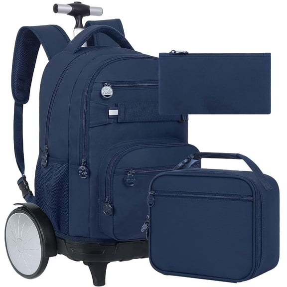 3Pcs Large Rolling Backpack for Teen Boys Men, 20 Inch Detachable Wheeled Bookbag with Lunch Box, Durable Oxford Cloth Roller Backpack for College School Travel (Blue)