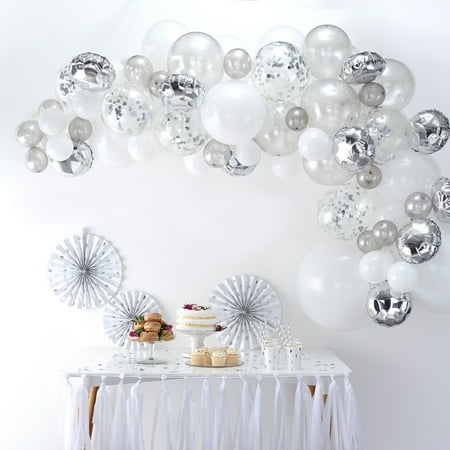 Ginger Ray Premium Silver Balloon Garland DIY Arch Kit, includes 70 Assorted Latex & Foil Balloons plus 4m Balloon Tape