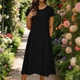 thumbnail image 2 of RongHuan Womens Linen Dress Casual Short Sleeve Dresses Crew Neck Solid Color Dress Summer Beach Sundress, 2 of 8