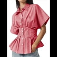 thumbnail image 2 of Camisas A Rayas con Botones para Mujer, Blusa Plisada de Corta con Corsé, Informal, de Verano. Rayas Rojas M, 2 of 7