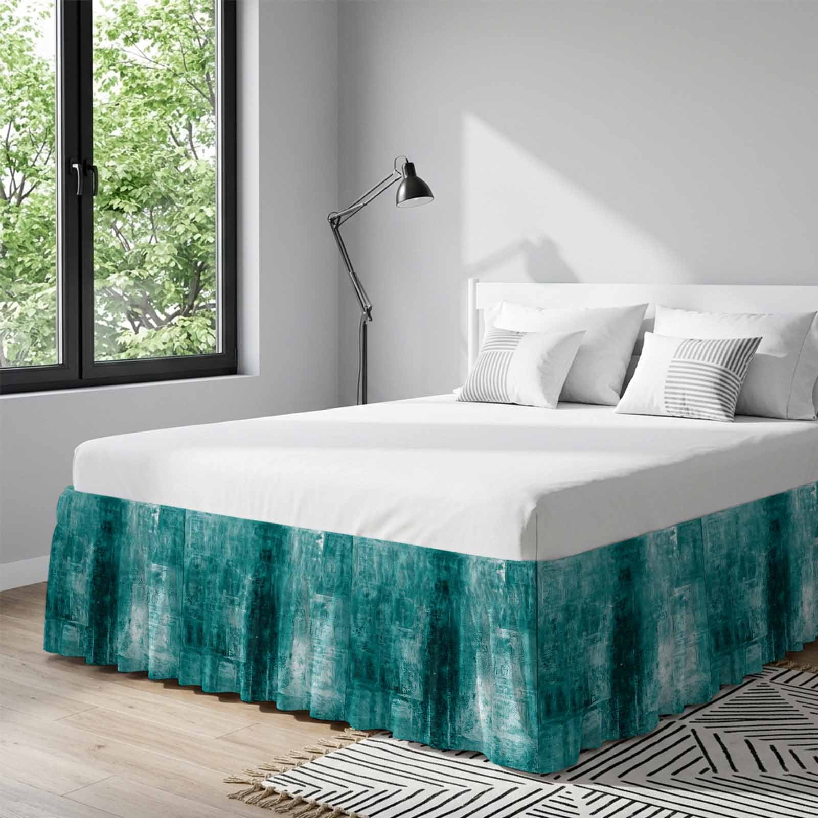 Teal Bed Skirt King Size 16 Inch Drop, Adjustable & Elastic Wrap Around Bed Skirts Pleated Dust Ruffles For Twin Full Queen Cal King Base Beds, Retro Oil Painting Modern Abstract Art Aesthetics