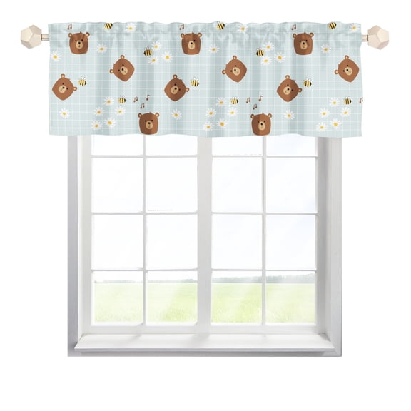 Cartoon Bear Bee Daisy Curtain Valance 54''x 18'' Bear Music Checkered Rod Pocket Decorative Short Curtain Panel for Kids Toddler Baby Nursery Bedroom Kitchen Living Room Bathroom
