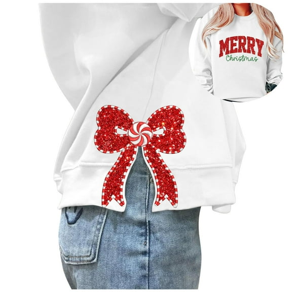 Wang6 Womens Whtie Graphic Sweatshirts Trendy Crew Neck Long Sleeve"Merry Christmas"Pullovers Casual Side Slit Hem Bow Tshirts Tops Y_White XL
