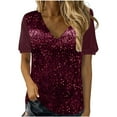 thumbnail image 2 of lcziwo Evening Tops for Women Casual V Neck Short Sleeve Velvet Shirts Dressy Elegant Party Night Blouses Fashion Sparkly Glitter Sequin Cocktail Outfit,Wine,L, 2 of 7